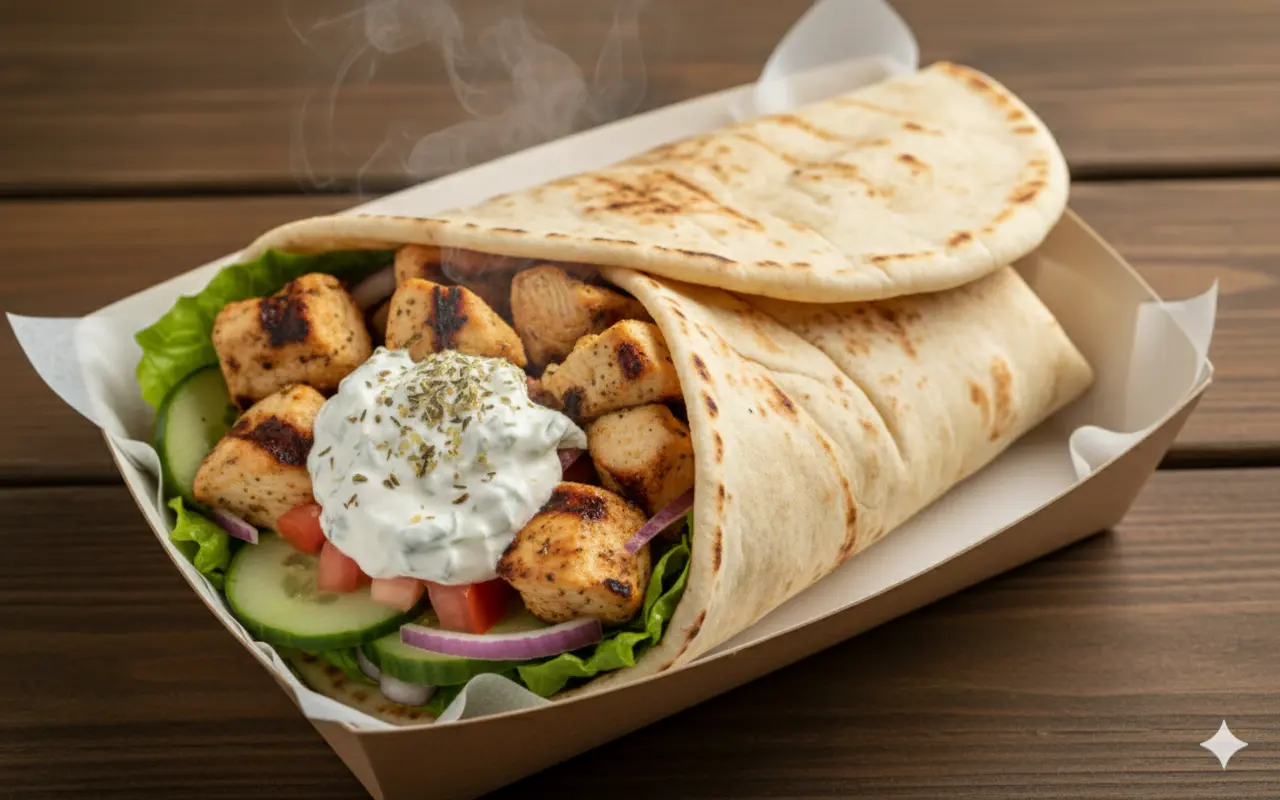 Delicious Chicken Souvlaki Greek Style Wrap at Flame and Bite in Bowness, Calgary, AB